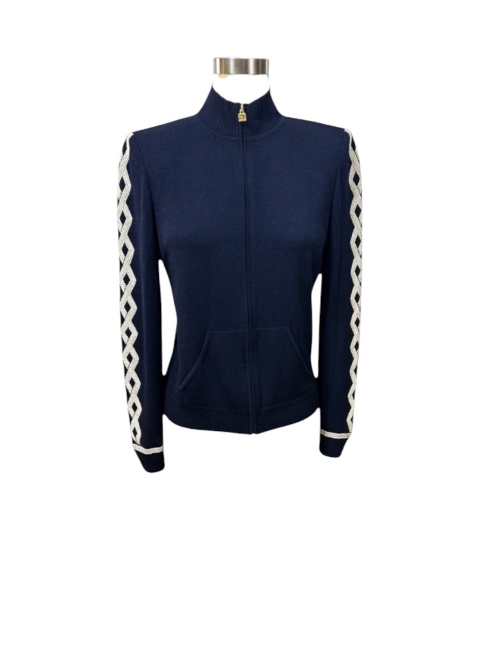 St. John Sport Navy Zip-Front Knit Jacket White Braid Sleeve Trim pockets size P